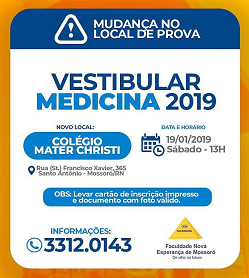 COMUNICADO – MUDANÇA NO LOCAL DE PROVA – VESTIBULAR DE MEDICINA FACENE MOSSORÓ-RN